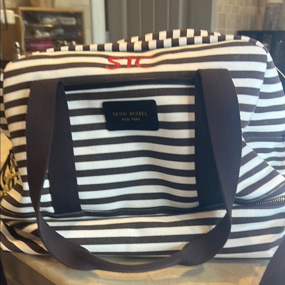 Henri Bendel brown White Travel Bags with Stripes has initial STC on top in red - Picture 1 of 8